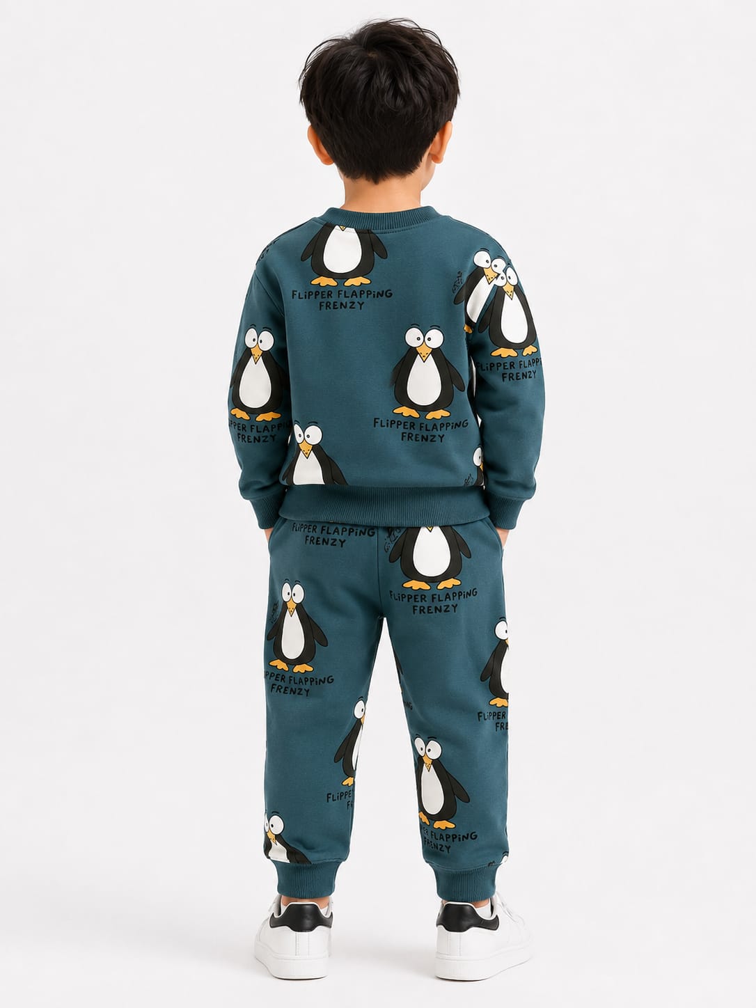 Kids' Teal All-Over Penguin Print Sweatshirt & Jogger Set.