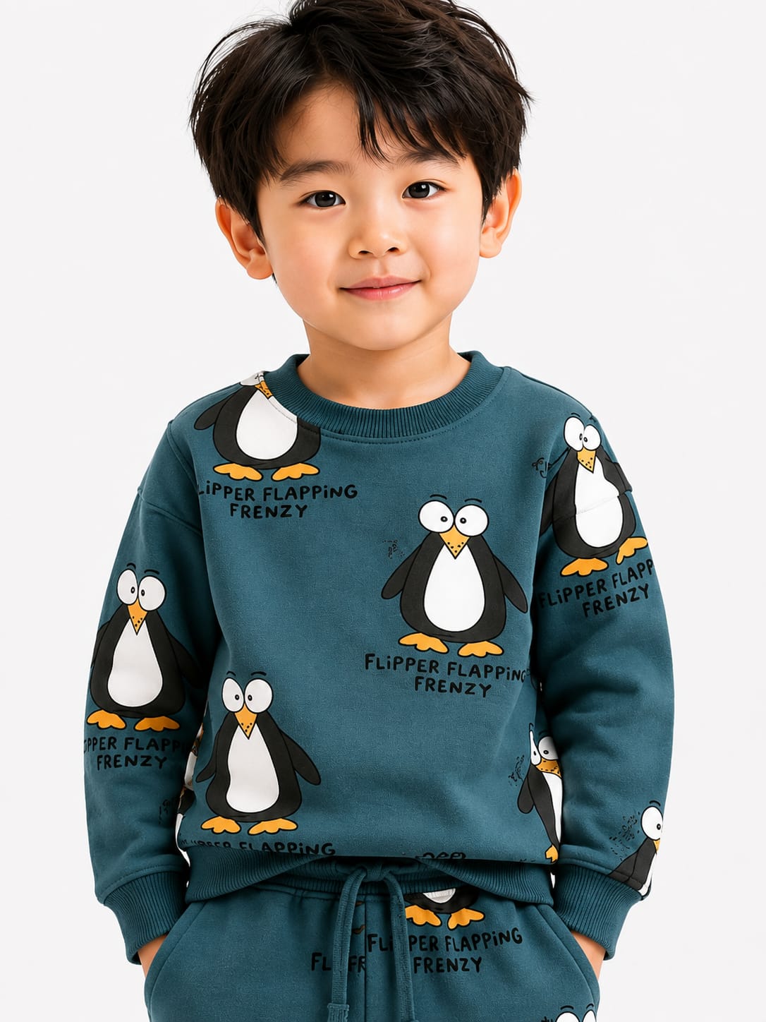 Kids' Teal All-Over Penguin Print Sweatshirt & Jogger Set.