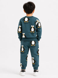 Kids' Teal All-Over Penguin Print Sweatshirt & Jogger Set.