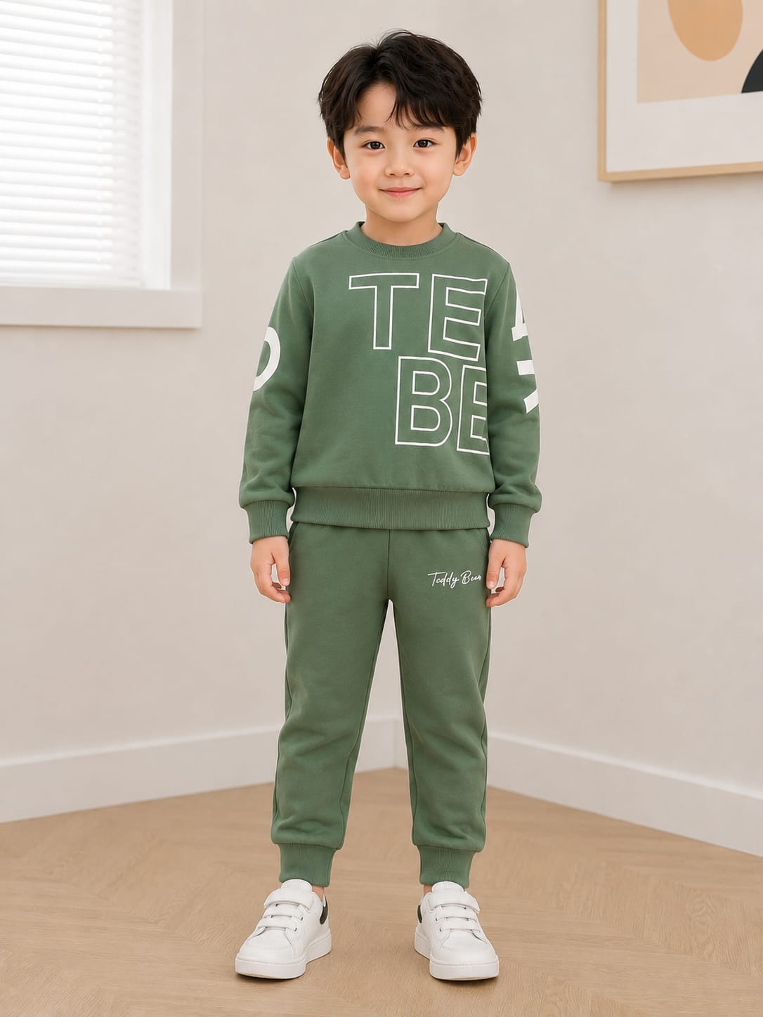 Sporty Sage Green Two-Piece Sweatshirt & Jogger Set for Boys