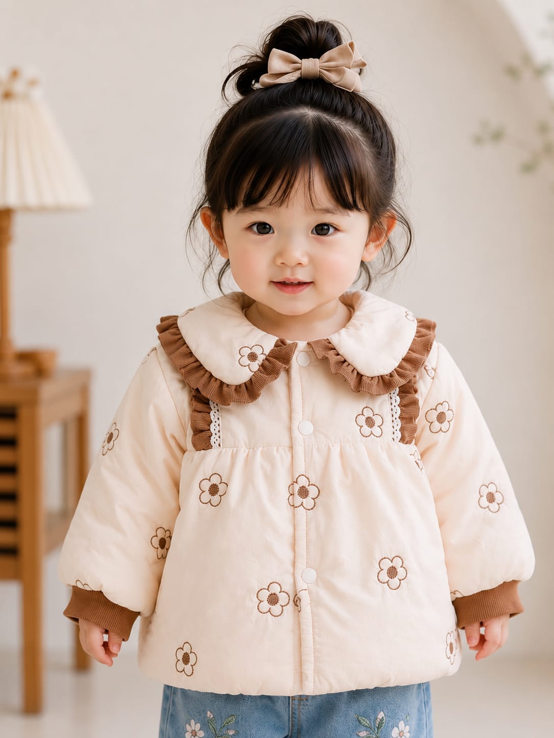 Vintage Cream Floral Quilted Jacket with Ruffled Collar.