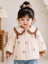 Vintage Cream Floral Quilted Jacket with Ruffled Collar.