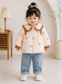 Vintage Cream Floral Quilted Jacket with Ruffled Collar.
