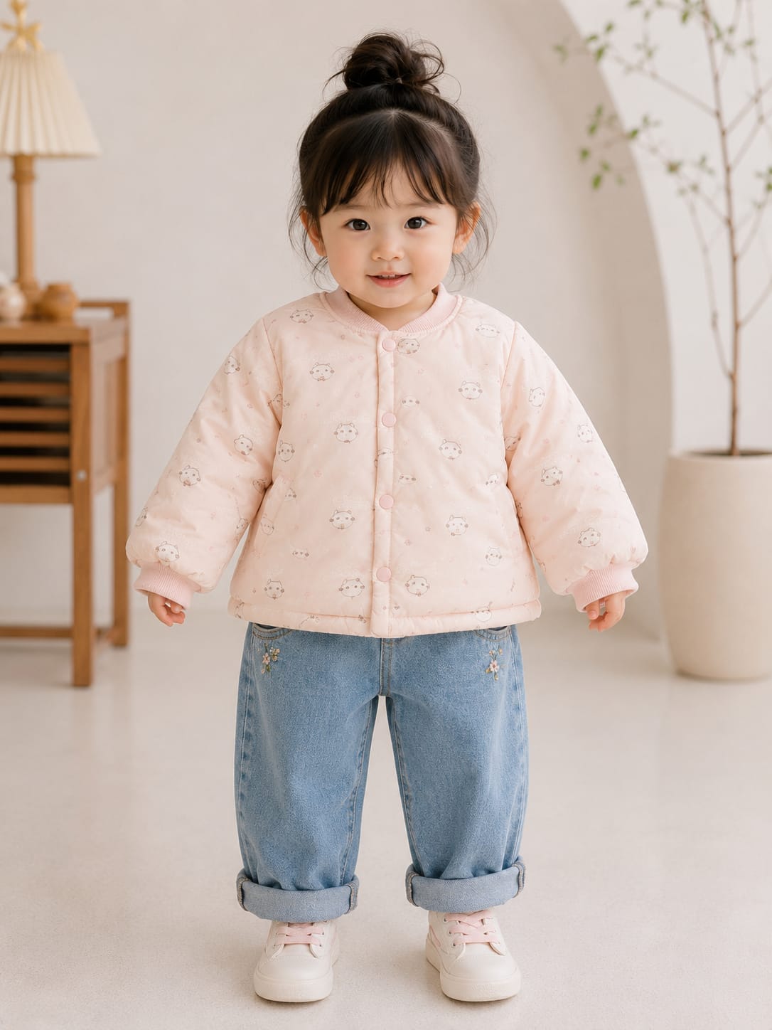 Girls Light Wash Floral Embroidered Jeans.
