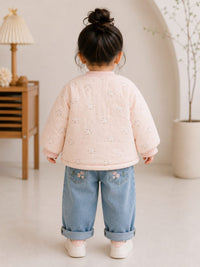 Girls Light Wash Floral Embroidered Jeans.