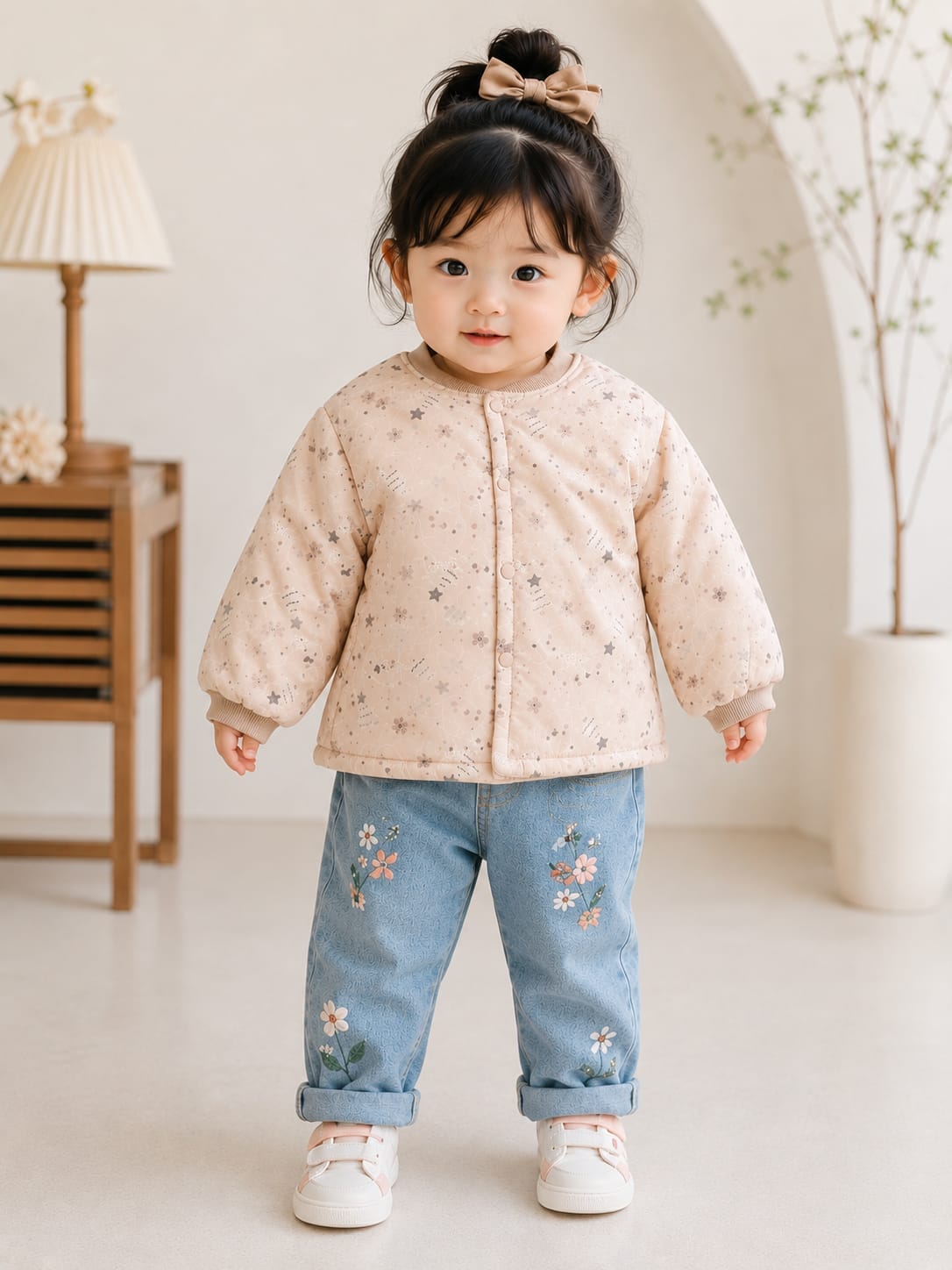 Pastel Beige Star & Floral Quilted Jacket