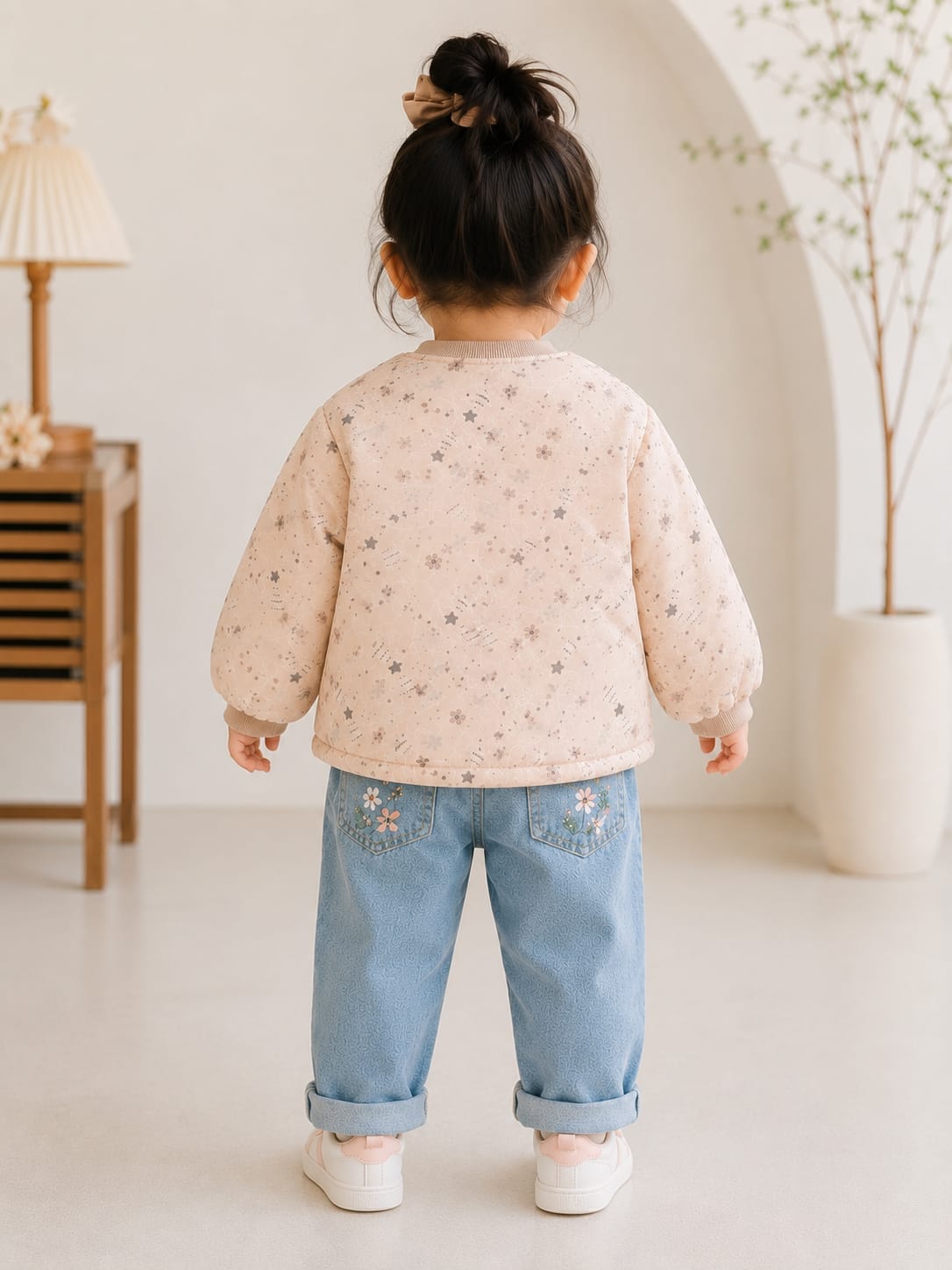 Pastel Beige Star & Floral Quilted Jacket