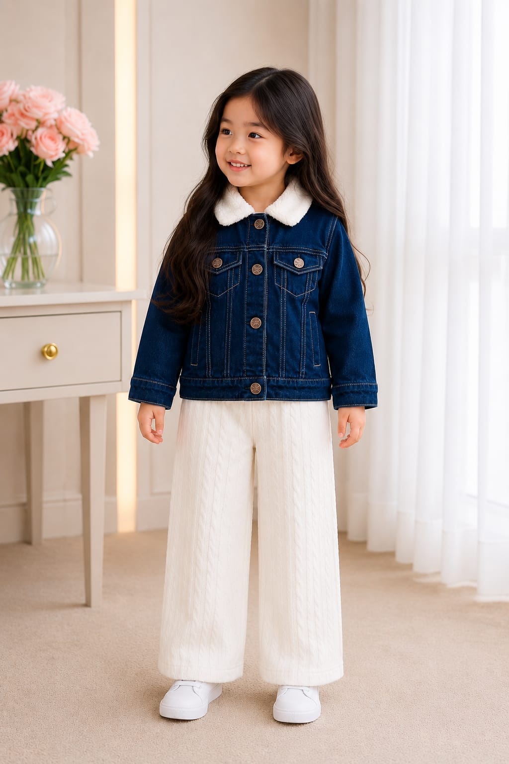 Chic Sherpa-Collar Denim Jacket for Girls