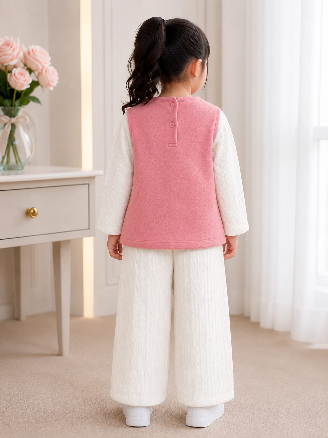 Adorable 2-Piece Cable-Knit & Fleece Lounge Set with Vest for Girls