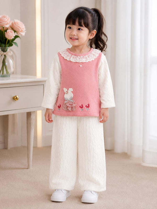 Adorable 2-Piece Cable-Knit & Fleece Lounge Set with Vest for Girls