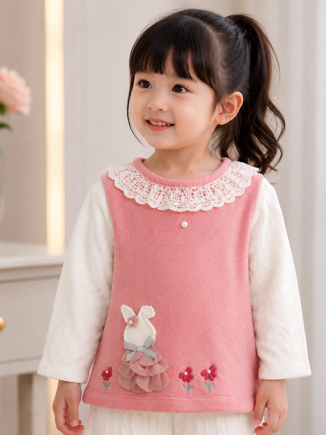 Adorable 2-Piece Cable-Knit & Fleece Lounge Set with Vest for Girls