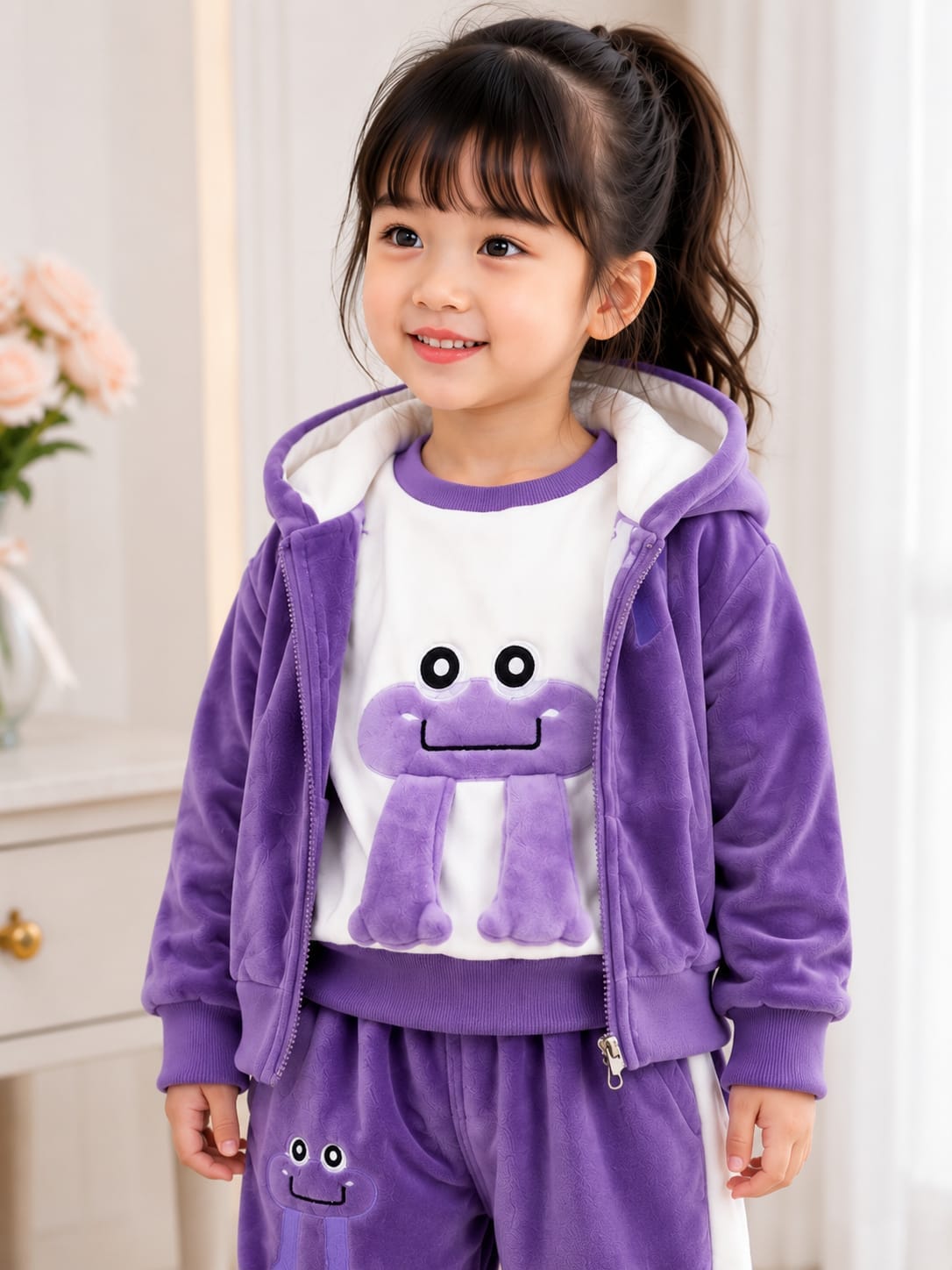 Playful 3-Piece Purple Velour Hooded Tracksuit Set for Girls