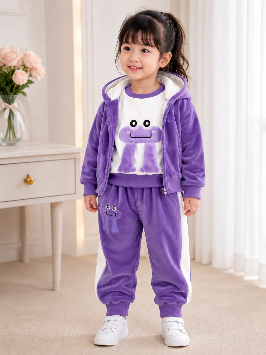 Playful 3-Piece Purple Velour Hooded Tracksuit Set for Girls