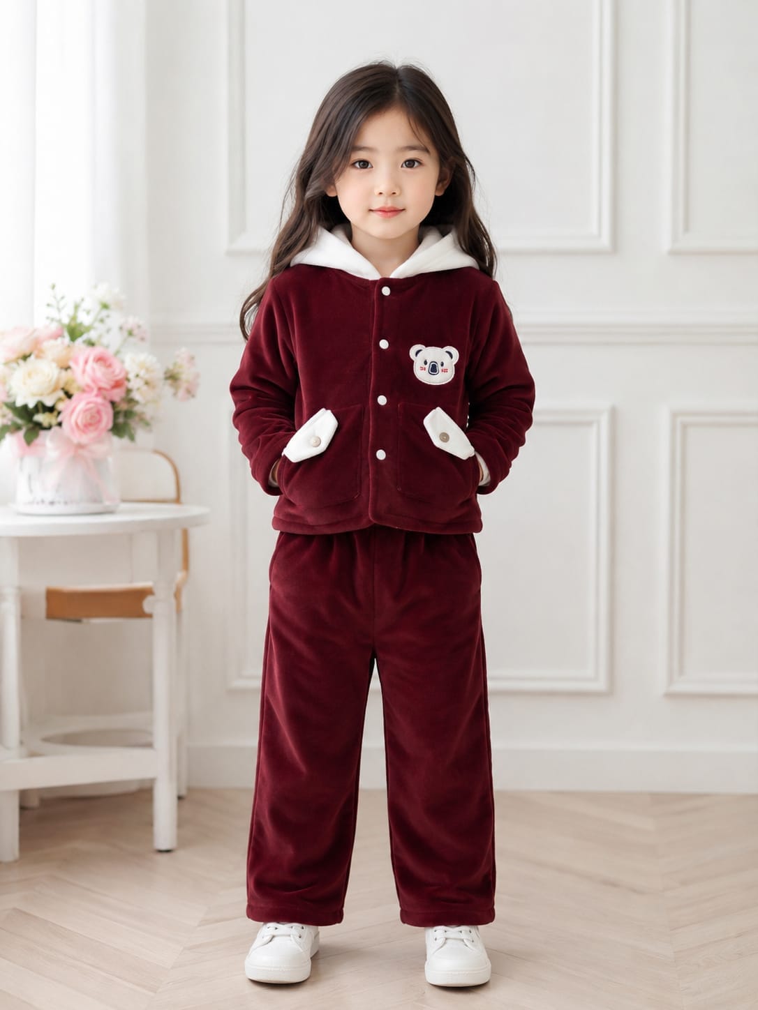 Premium Maroon Velour Hooded Lounge Set for Girls