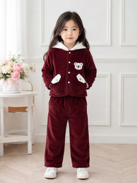 Premium Maroon Velour Hooded Lounge Set for Girls