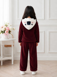Premium Maroon Velour Hooded Lounge Set for Girls