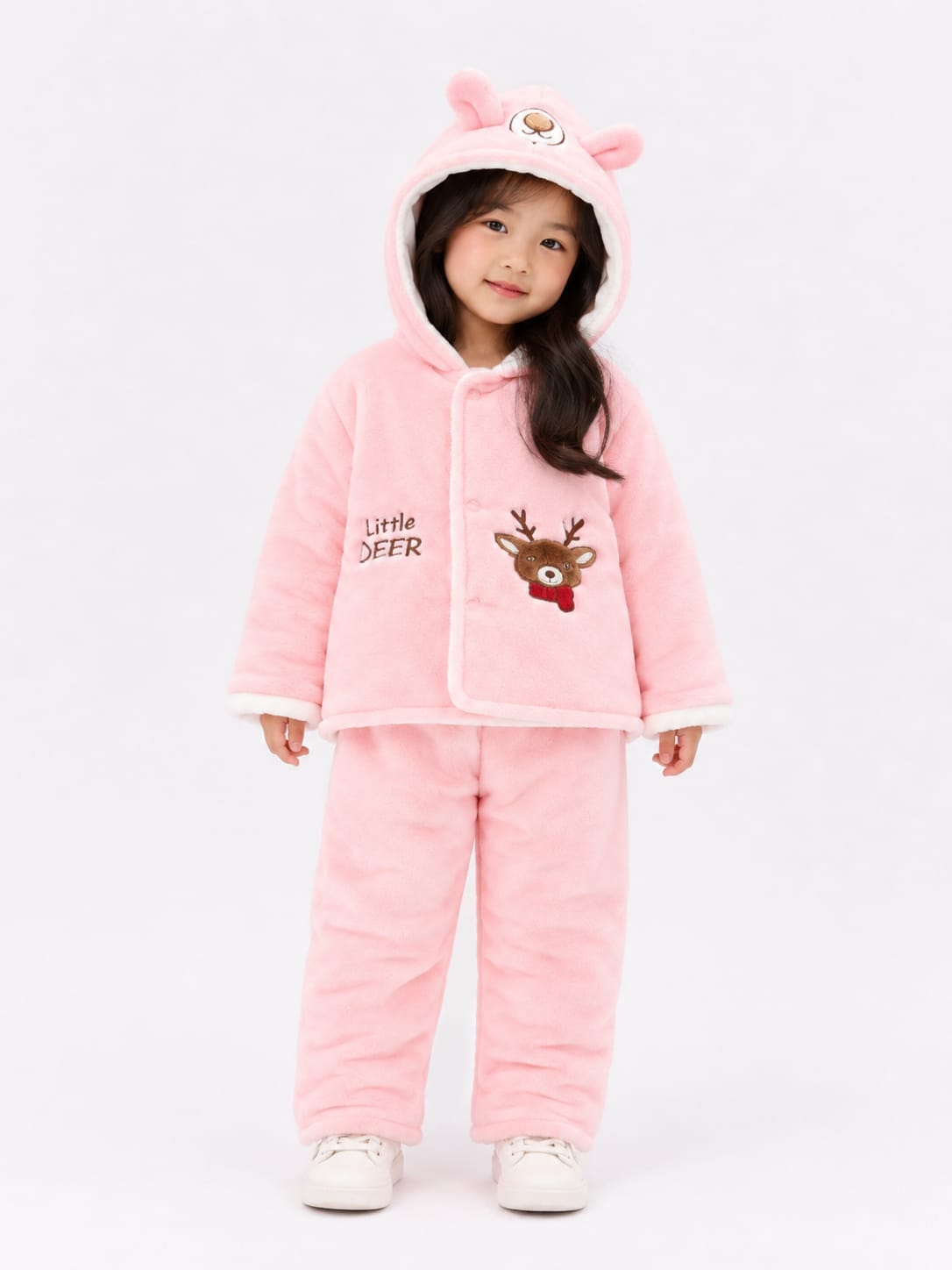 Ultra-Soft "Little Deer" Fleece Hooded Pajama Set for Girls