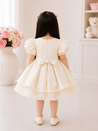 Ivory Floral Embroidered Puff-Sleeve Party Dress