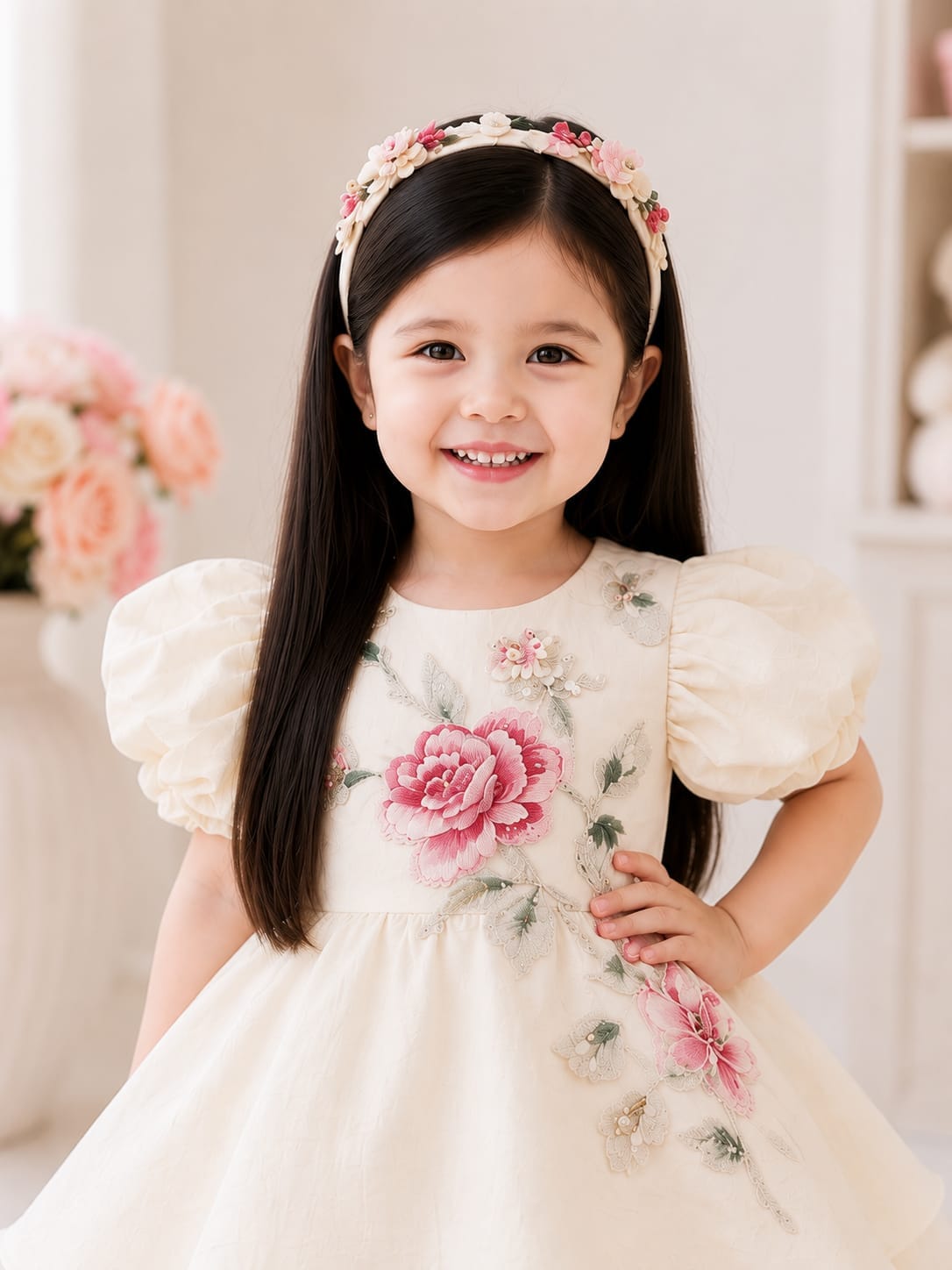 Ivory Floral Embroidered Puff-Sleeve Party Dress