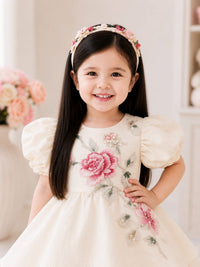 Ivory Floral Embroidered Puff-Sleeve Party Dress