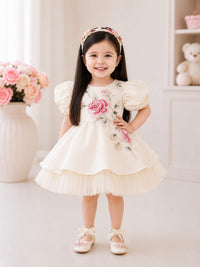 Ivory Floral Embroidered Puff-Sleeve Party Dress