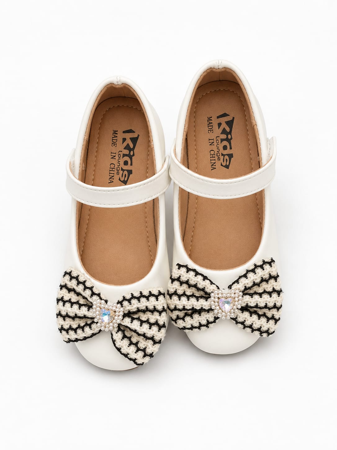 Girls' Off-White Mary Jane Ballerina Shoes with Crochet Bow Accent.