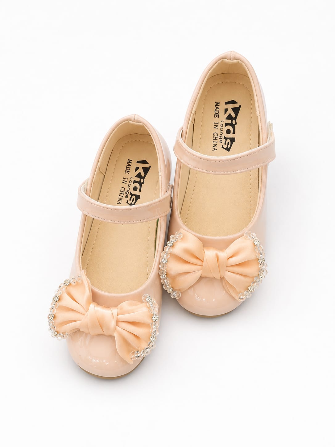 Girls' Peach Satin Bow Patent Mary Jane Shoes.
