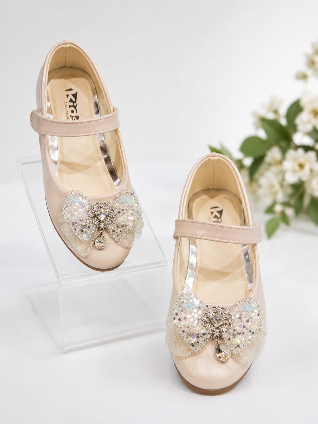 Girls' Beige Sequined Tulle Bow Mary Jane Party Shoes.