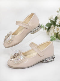 Girls' Beige Sequined Tulle Bow Mary Jane Party Shoes.