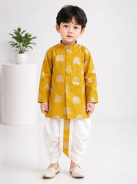 Boys' Mustard Yellow Elephant Foil Print Kurta & Dhoti Set.