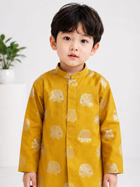 Boys' Mustard Yellow Elephant Foil Print Kurta & Dhoti Set.