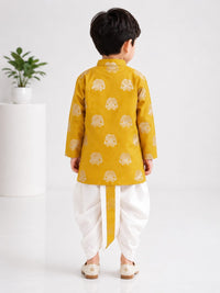 Boys' Mustard Yellow Elephant Foil Print Kurta & Dhoti Set.