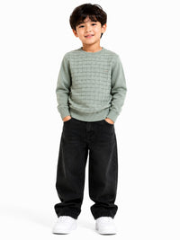 Boys' Sage Green Textured Grid Knit Pullover Sweater.