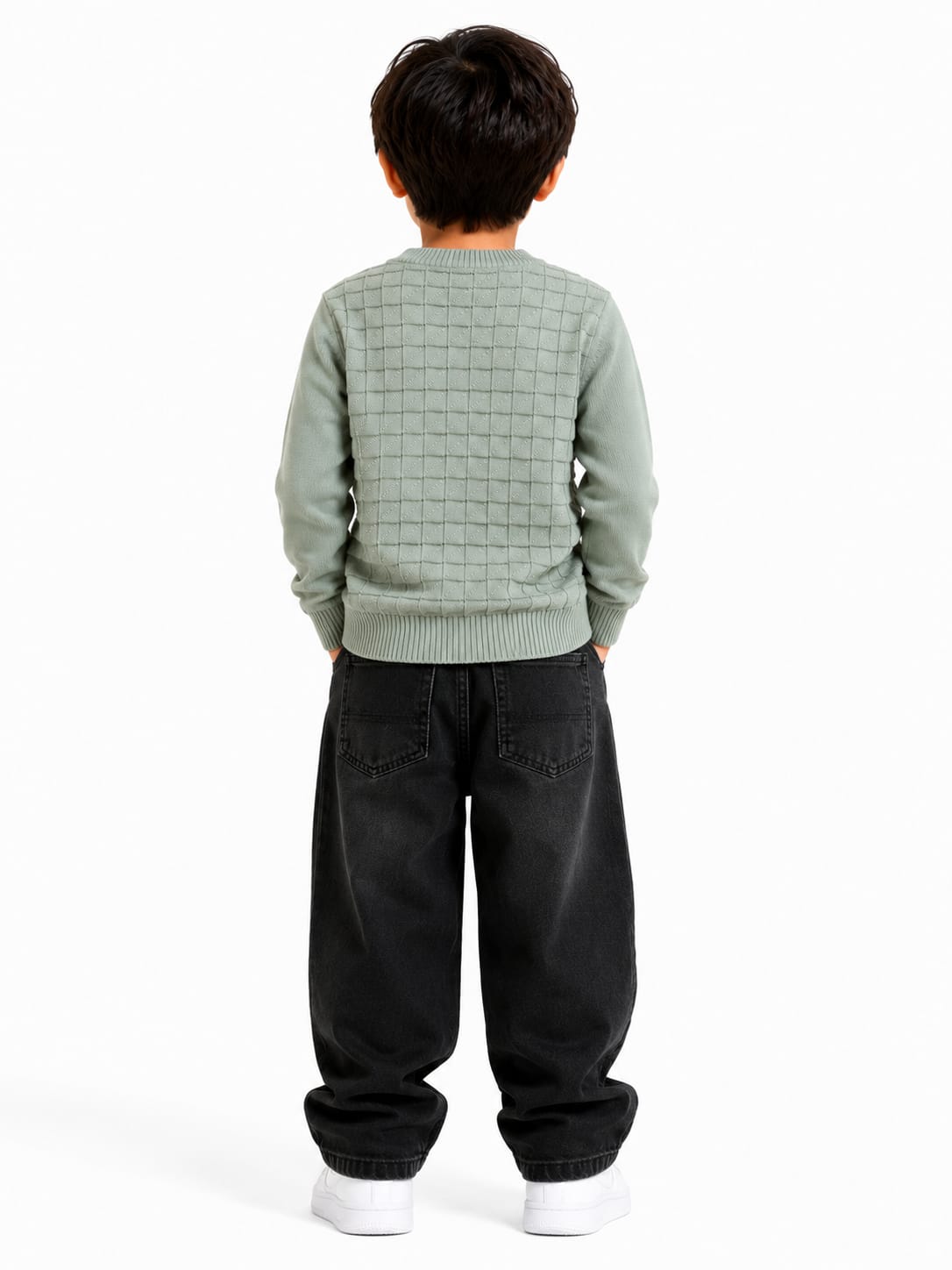 Boys' Sage Green Textured Grid Knit Pullover Sweater.
