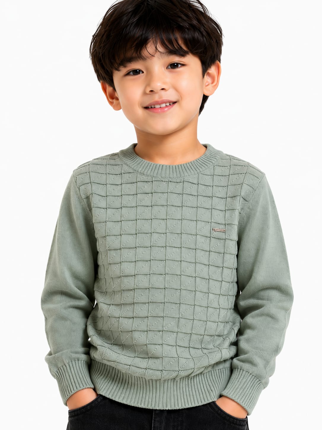 Boys' Sage Green Textured Grid Knit Pullover Sweater.