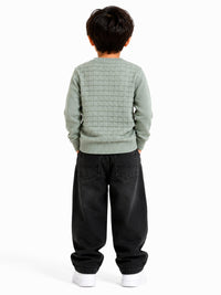 Boys' Sage Green Textured Grid Knit Pullover Sweater.