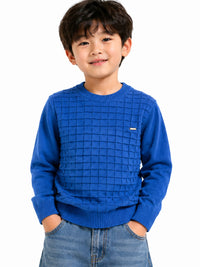 Boys' Royal Blue Textured Grid Knit Pullover Sweater.