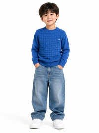 Boys' Royal Blue Textured Grid Knit Pullover Sweater.
