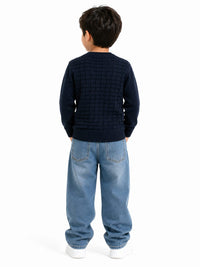 Boys' Navy Blue Textured Grid Knit Pullover Sweater.