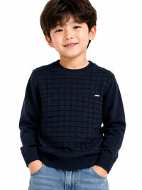 Boys' Navy Blue Textured Grid Knit Pullover Sweater.