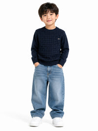 Boys' Navy Blue Textured Grid Knit Pullover Sweater.