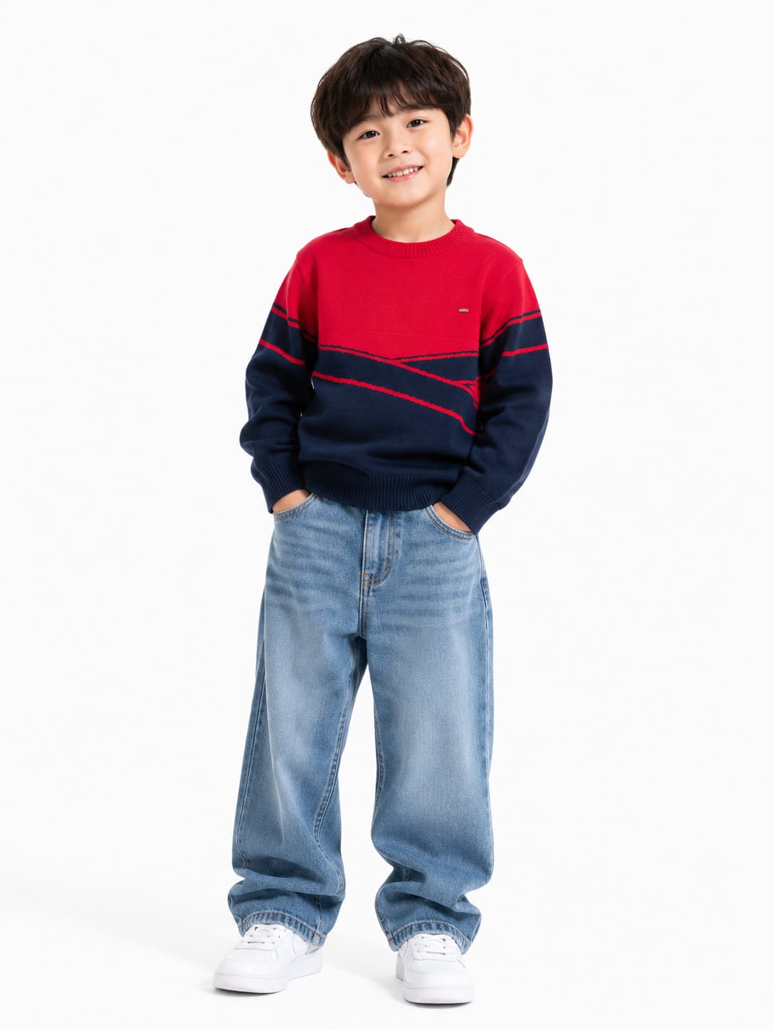 Boys' Red & Navy Colorblock Knit Pullover Sweater.
