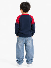 Boys' Red & Navy Colorblock Knit Pullover Sweater.