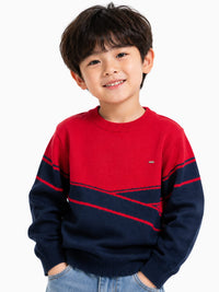 Boys' Red & Navy Colorblock Knit Pullover Sweater.