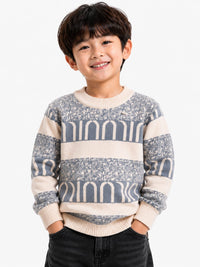 Boys' Grey & Beige Patterned Jacquard Knit Pullover Sweater.