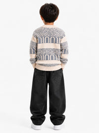 Boys' Grey & Beige Patterned Jacquard Knit Pullover Sweater.