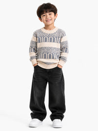 Boys' Grey & Beige Patterned Jacquard Knit Pullover Sweater.