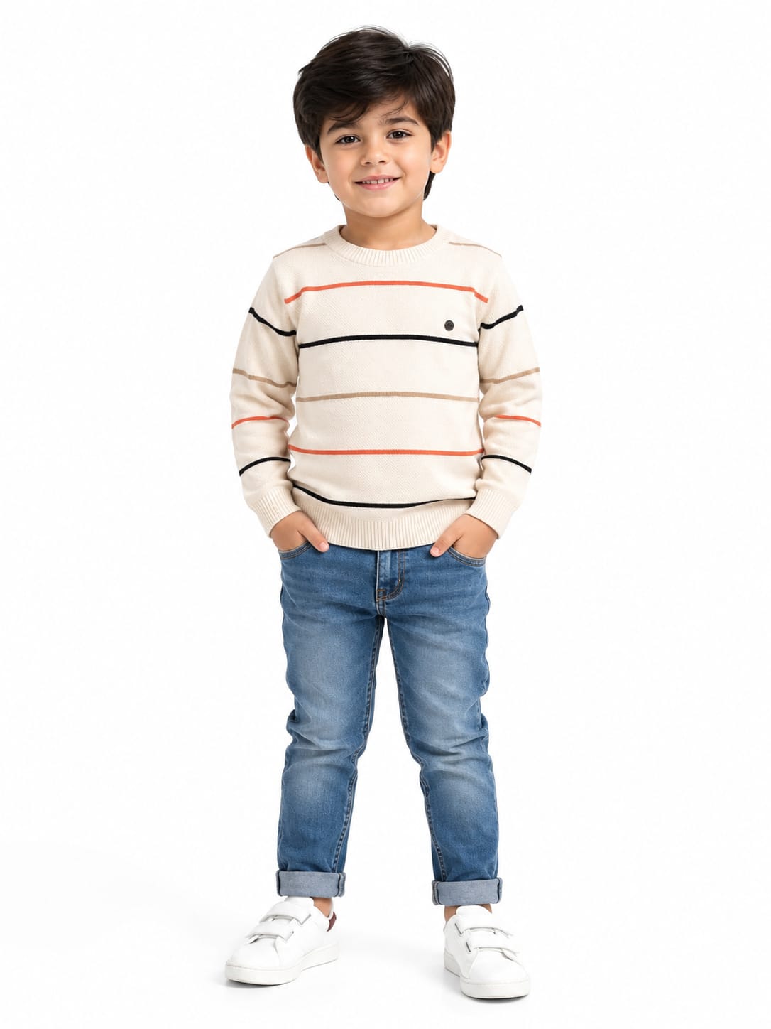 Boys' Cream Multi-Striped Knit Pullover Sweater.