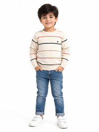 Boys' Cream Multi-Striped Knit Pullover Sweater.