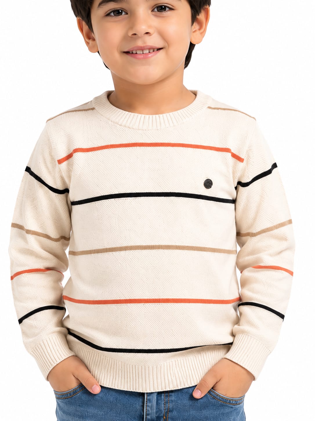 Boys' Cream Multi-Striped Knit Pullover Sweater.